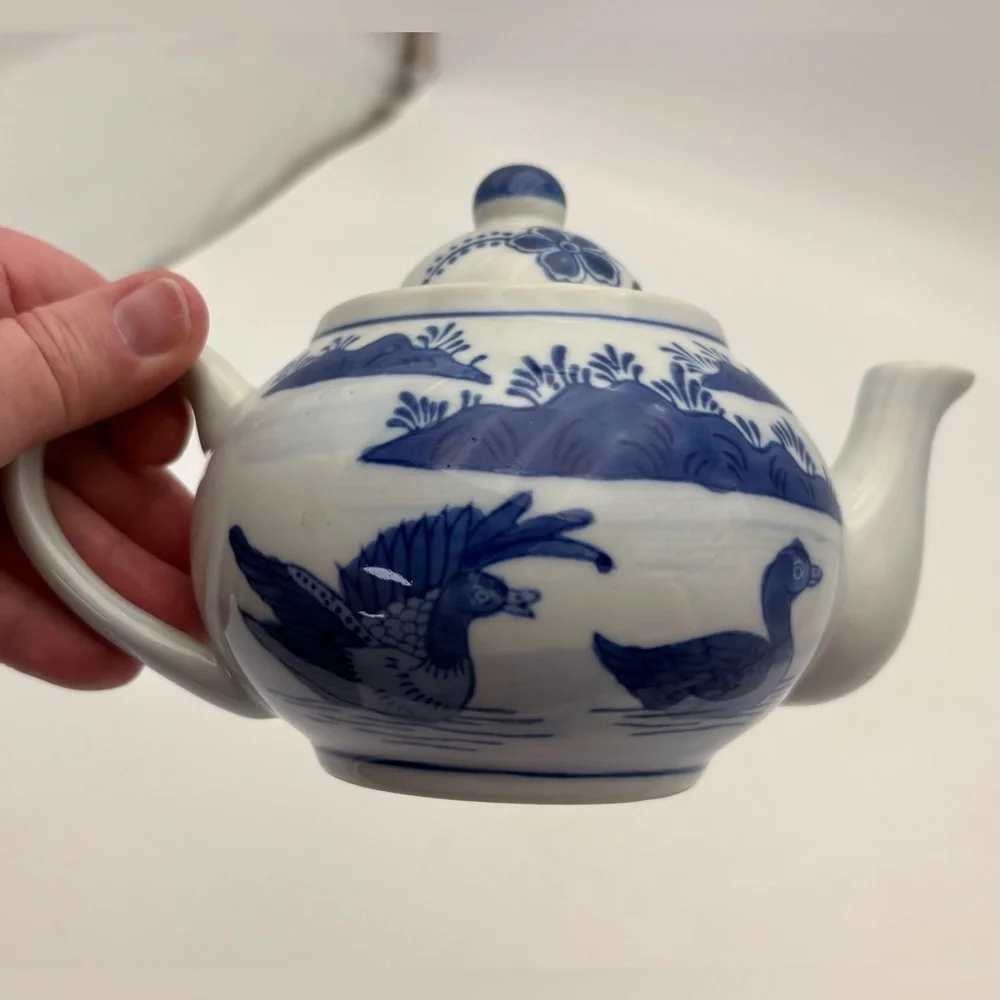 Vintage Blue and White Chinoiserie Ceramic Teapot with Ducks on Pond